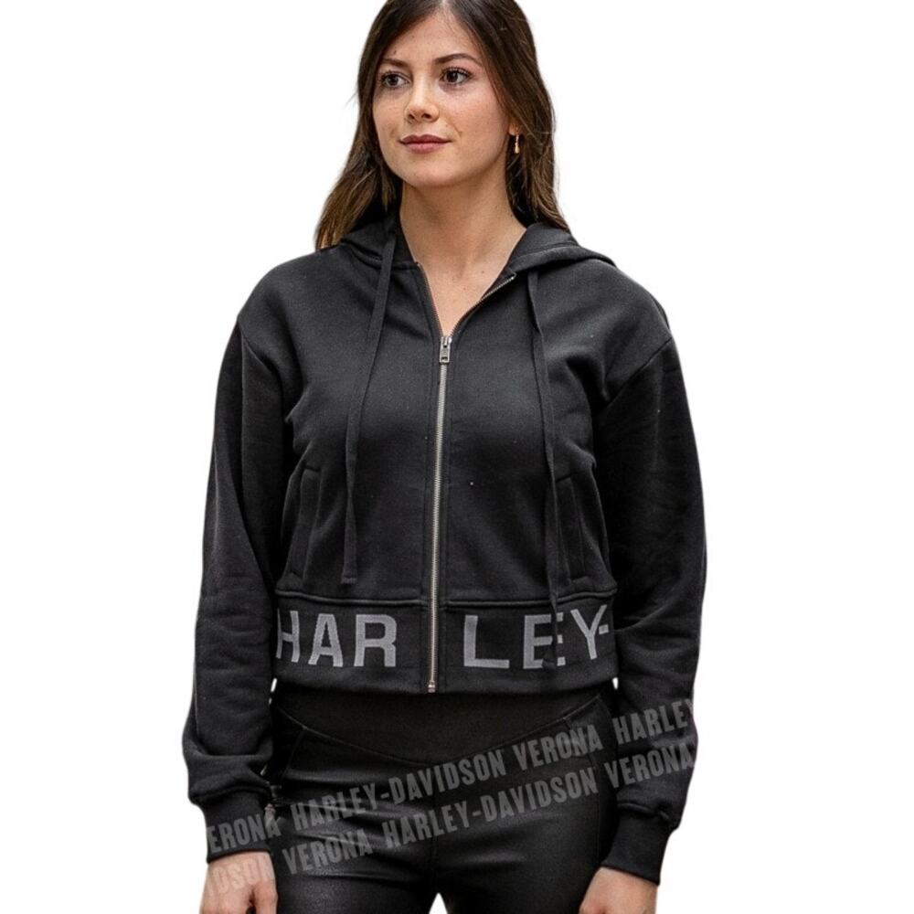 Harley-Davidson Women's Small Black Full Zip Cropped Moto Biker Hoodie HR9-4